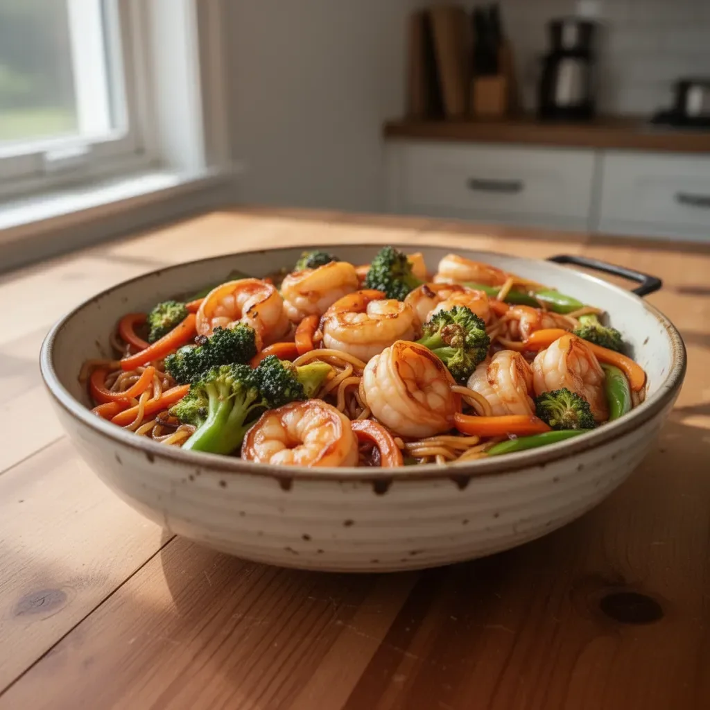 High-protein one-pan shrimp stir fry with colorful vegetables and savory sauce.