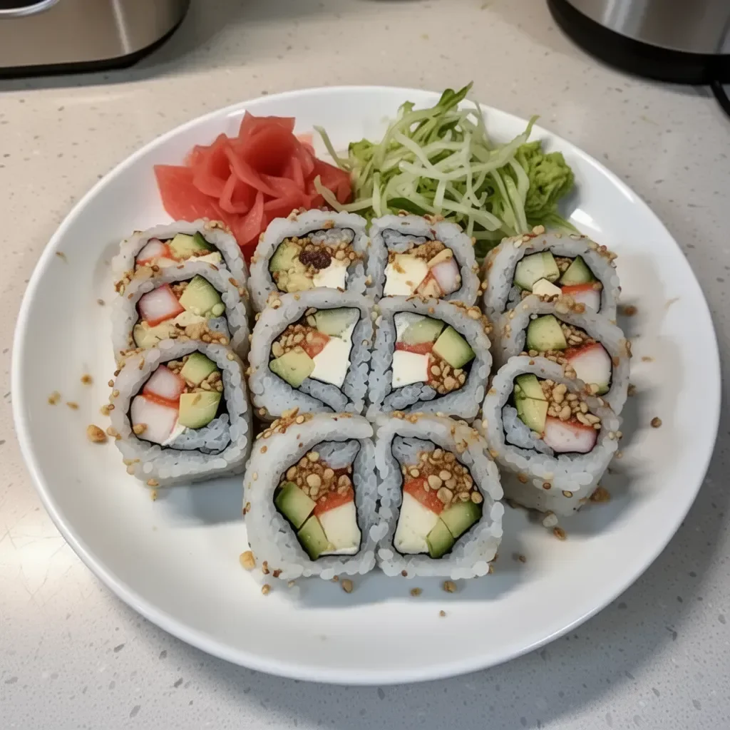 Homemade California Crunch Roll Sushi with fresh ingredients on a plate