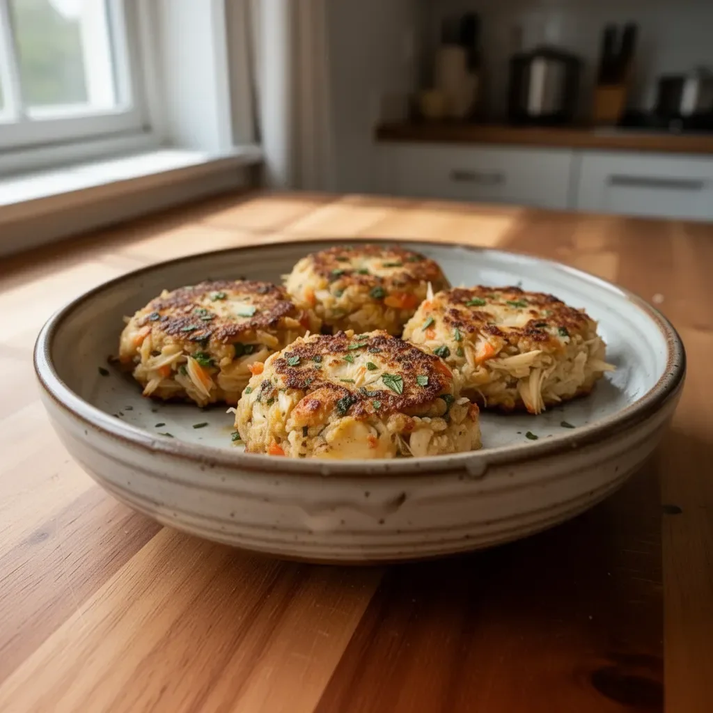 Delicious homemade crab cakes served with a fresh garnish
