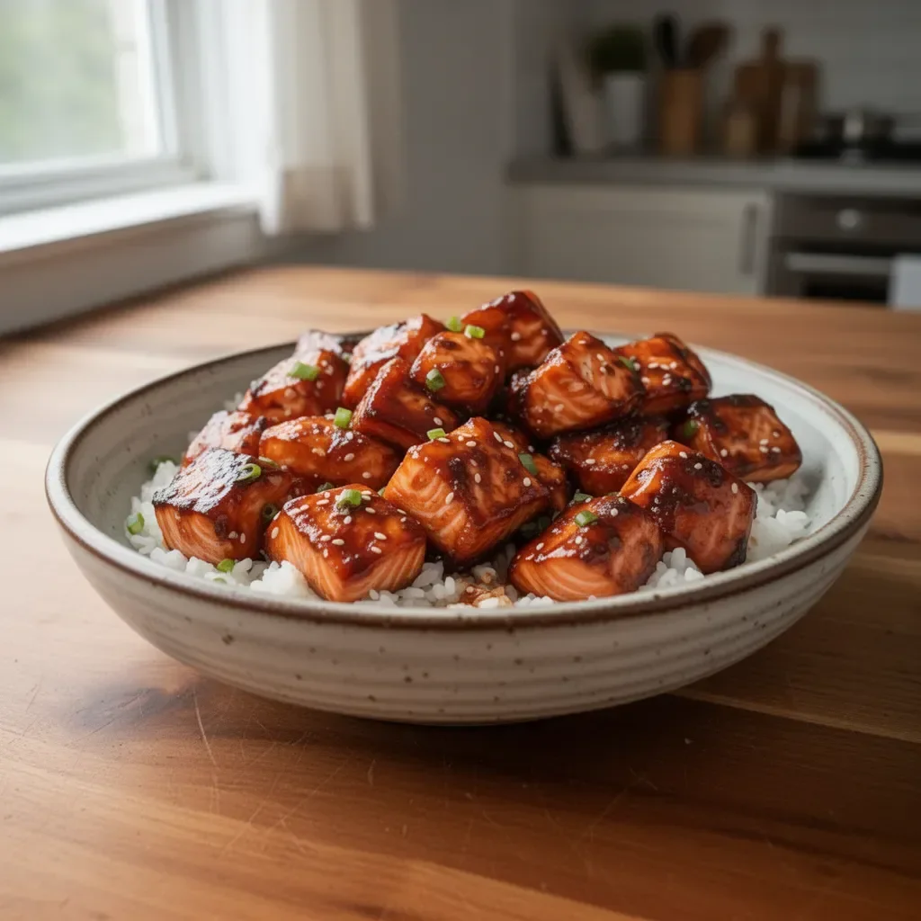 Delicious honey garlic salmon bites served on a platter