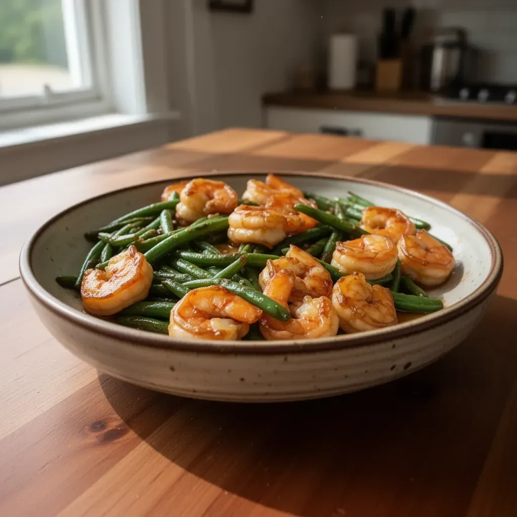 Honey shrimp stir-fried with green beans for a flavorful meal