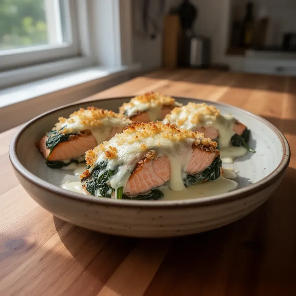 Baked salmon with spinach and melted mozzarella on a plate