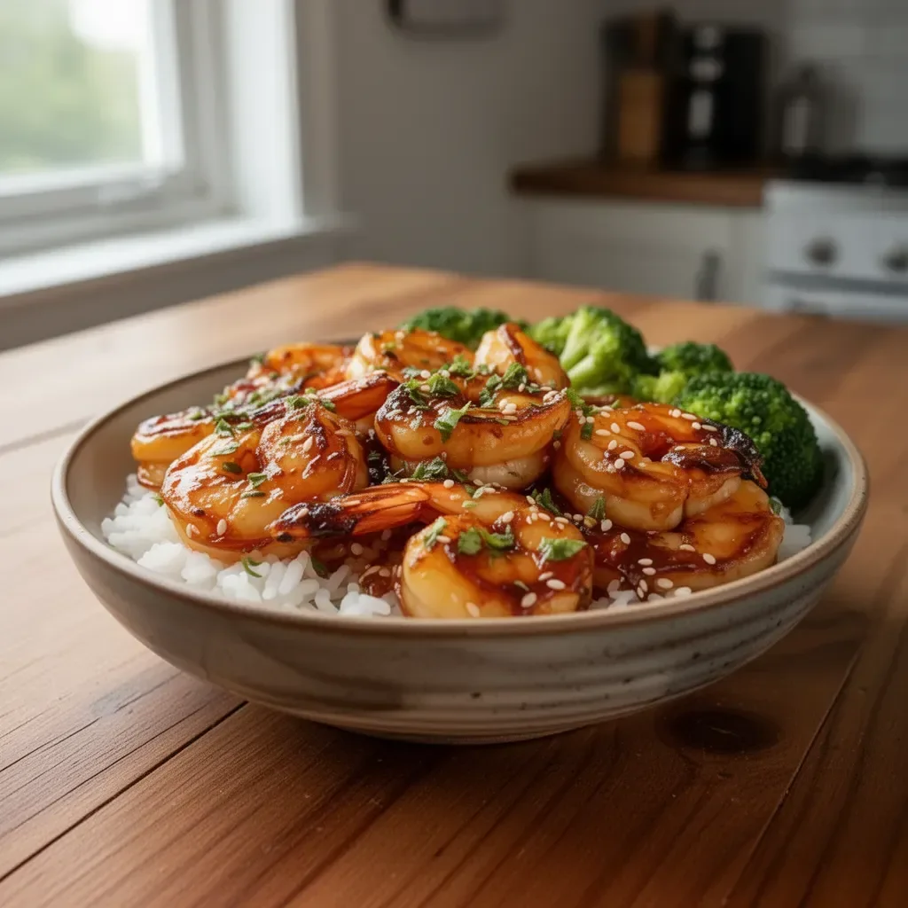 Delicious honey garlic shrimp served in a vibrant bowl with vegetables and rice