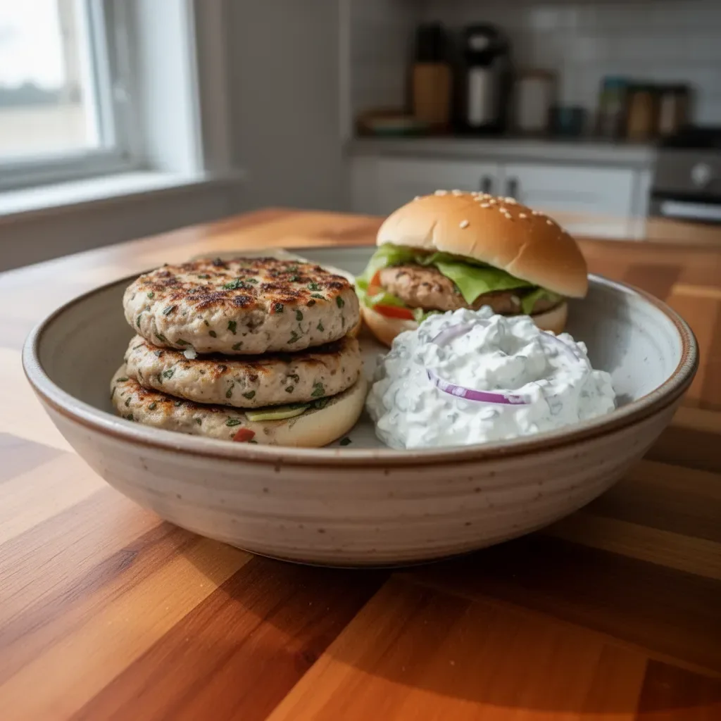 Juicy Greek chicken burgers with tzatziki sauce served on a plate