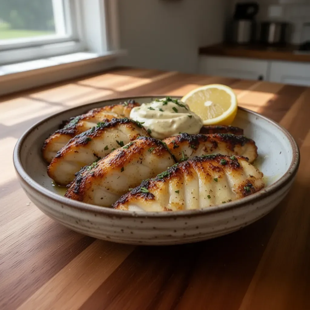 Lemon Butter Fish Bites served with Garlic Aioli on a plate