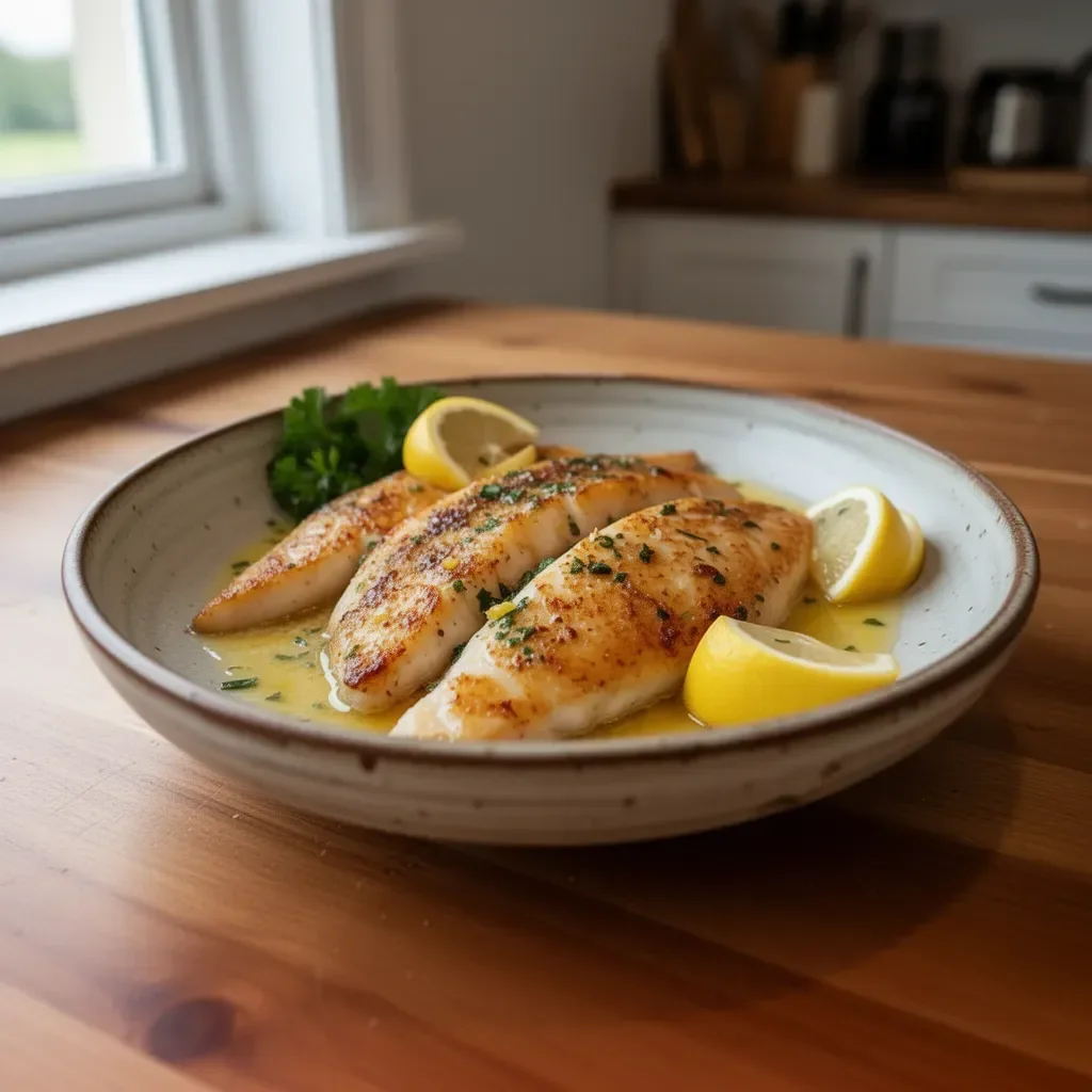 Lemon Butter Fish Fillet garnished with fresh herbs and lemon slices