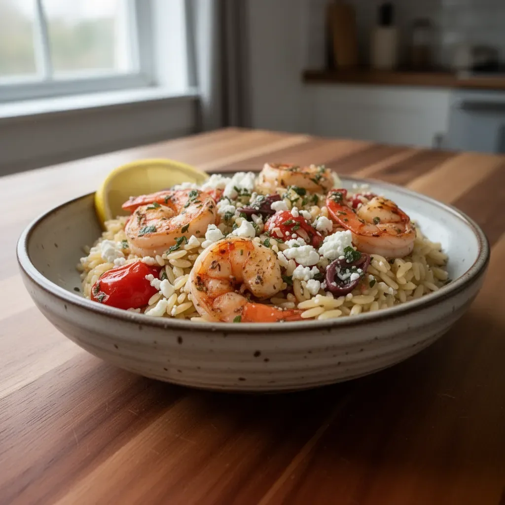 Delicious Lemon Feta Orzo Shrimp served on a plate with garnishes