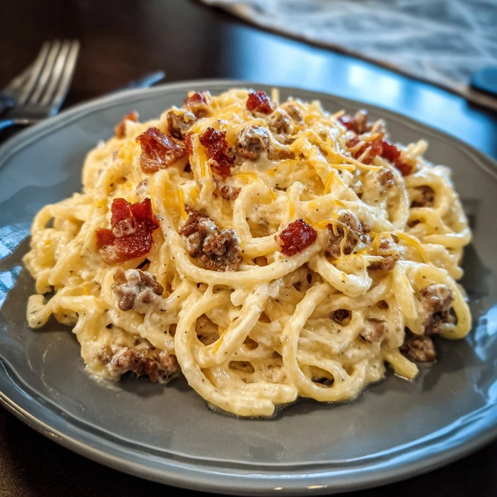 Loaded Bacon Cheeseburger Alfredo Pasta with bacon and cheese toppings