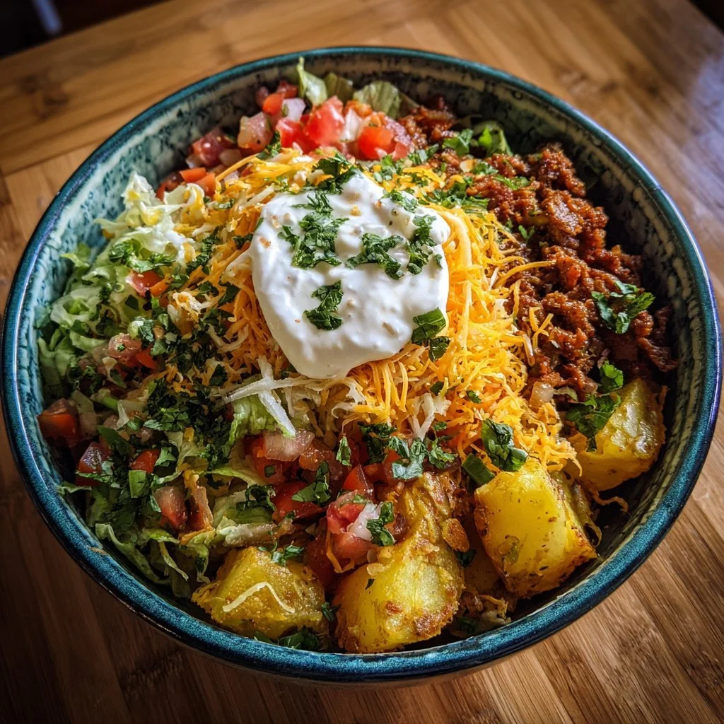 Delicious Loaded Potato Taco Bowl with toppings and flavors