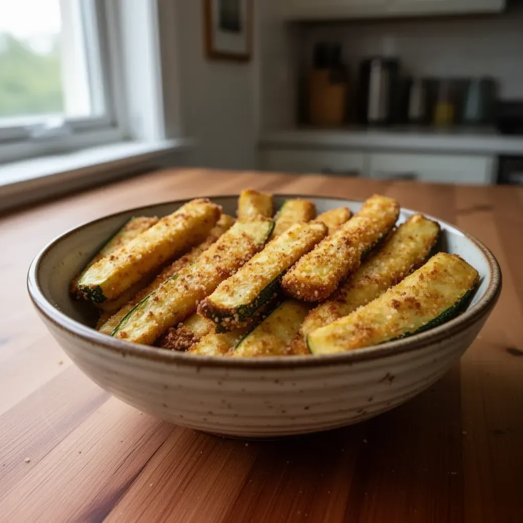 Low calorie air fryer zucchini fries on a white plate with a dipping sauce