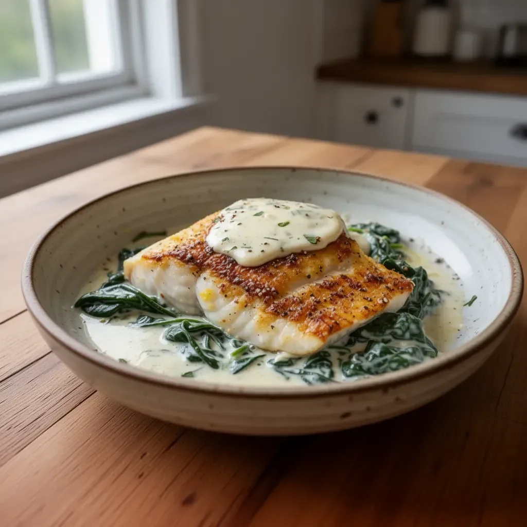 Lemon-garlic sea bass served with creamed spinach on a plate