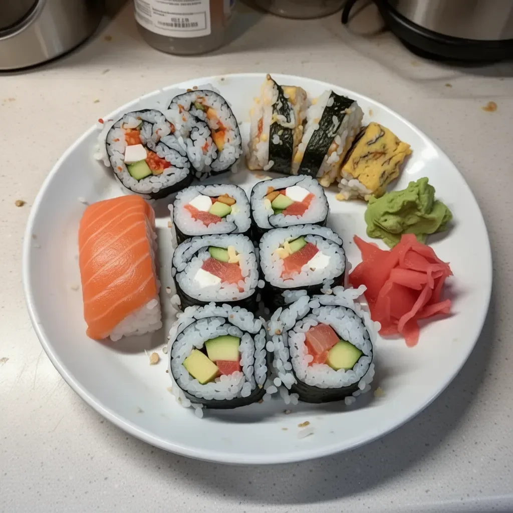 Homemade sushi rolls with fresh ingredients and bamboo mat