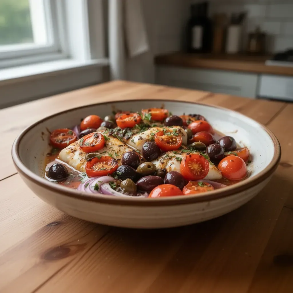 Mediterranean Baked Cod with herbs and vegetables on a plate