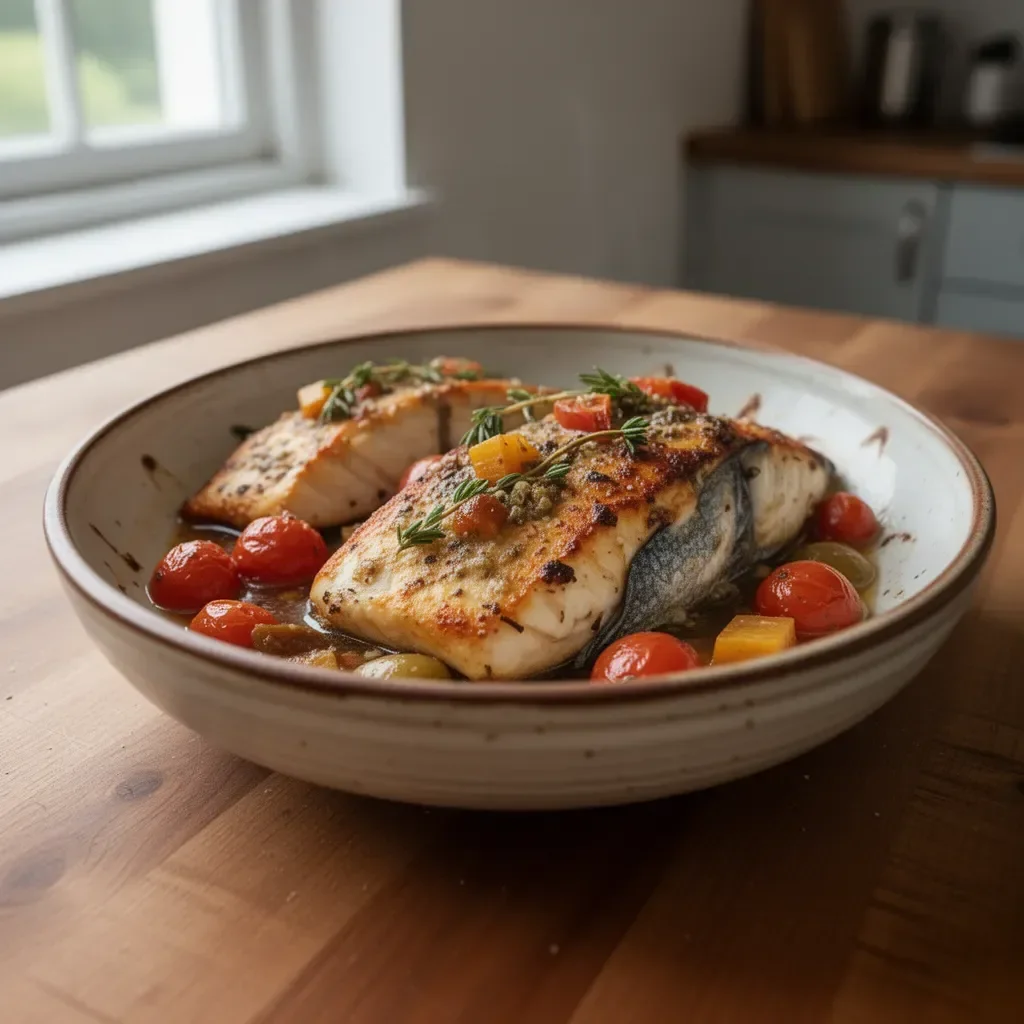 Mediterranean baked fish served with herbs and vegetables