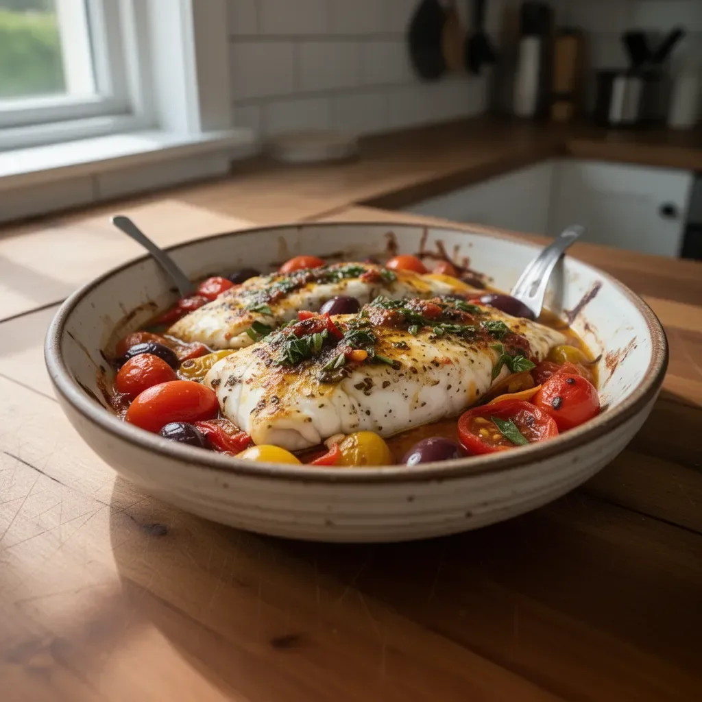 Mediterranean baked fish garnished with herbs and lemon slices
