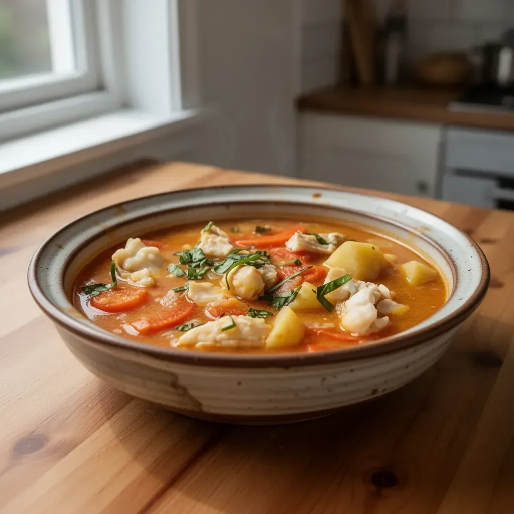 A bowl of Mediterranean fish stew with fresh herbs and vegetables.