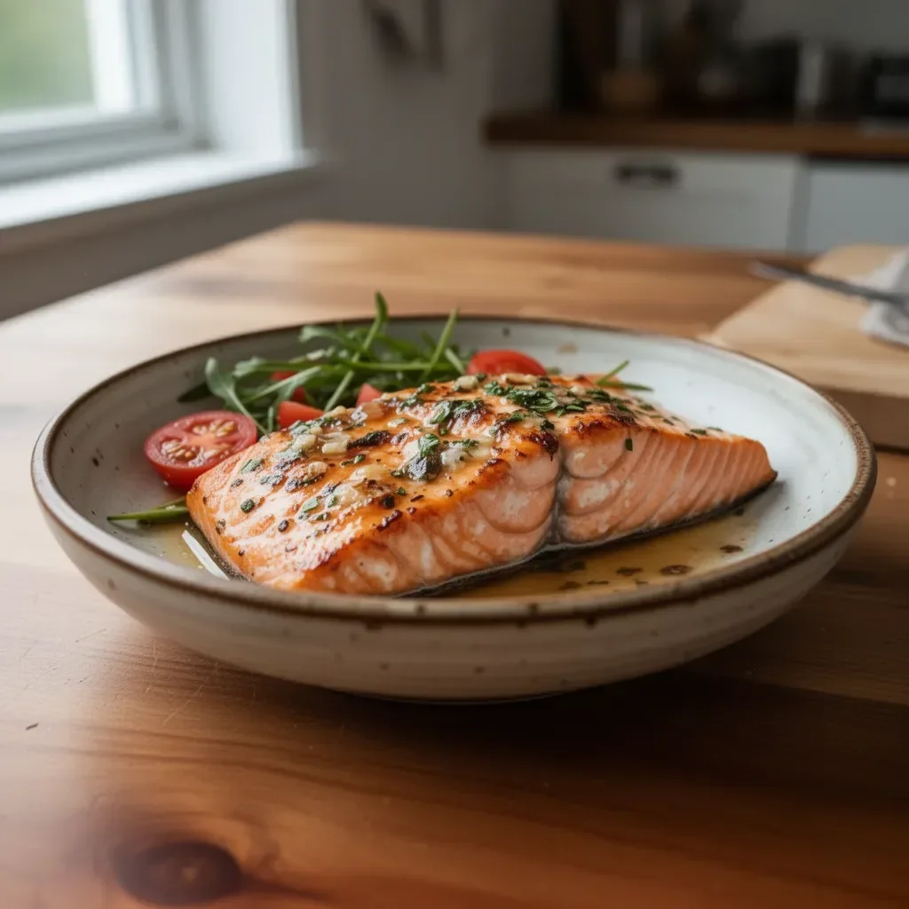 Plate of Mediterranean Salmon garnished with herbs and lemon slices