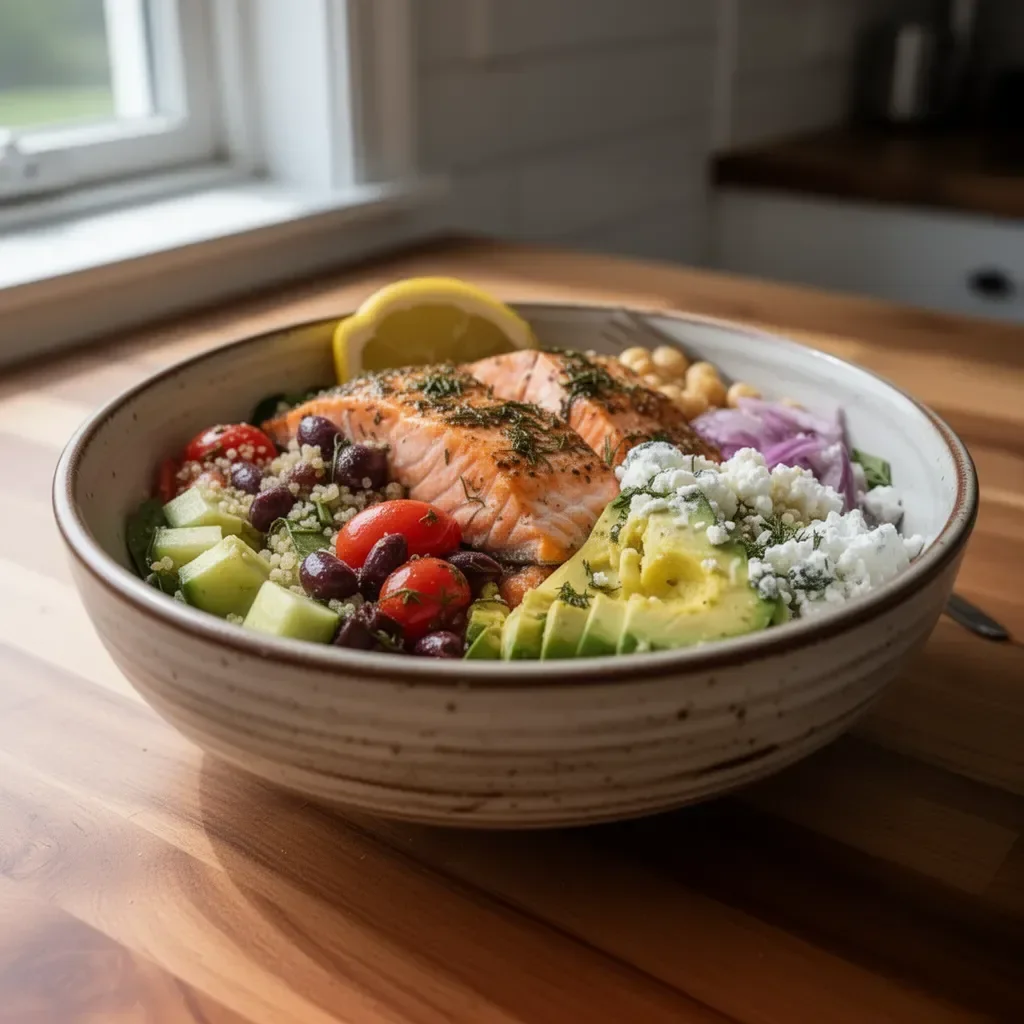 Mediterranean Salmon Bowl with fresh ingredients and vibrant colors