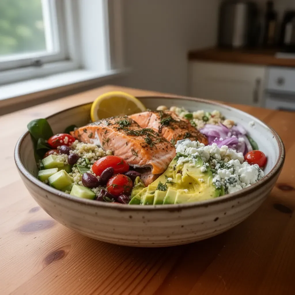 Mediterranean salmon bowl with fresh vegetables and quinoa