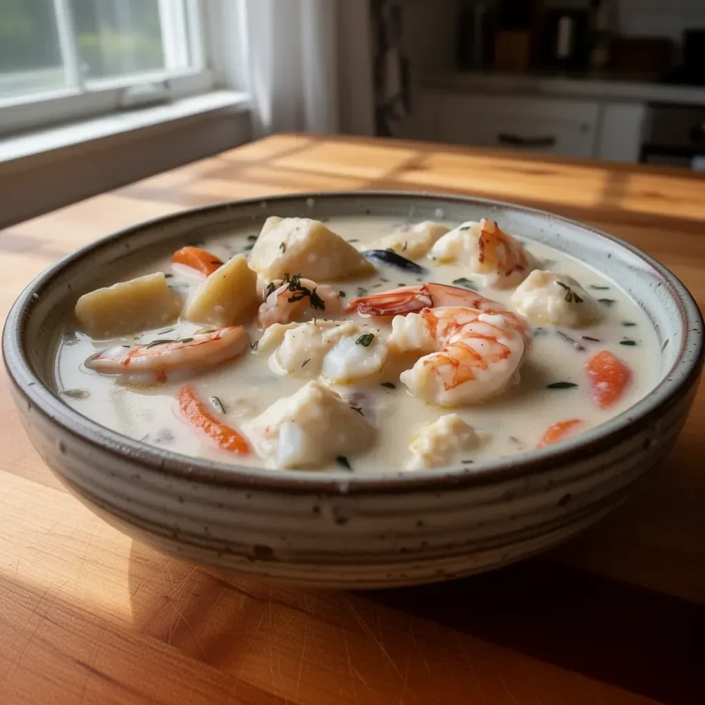 Bowl of Nova Scotia Seafood Chowder topped with fresh herbs and seafood