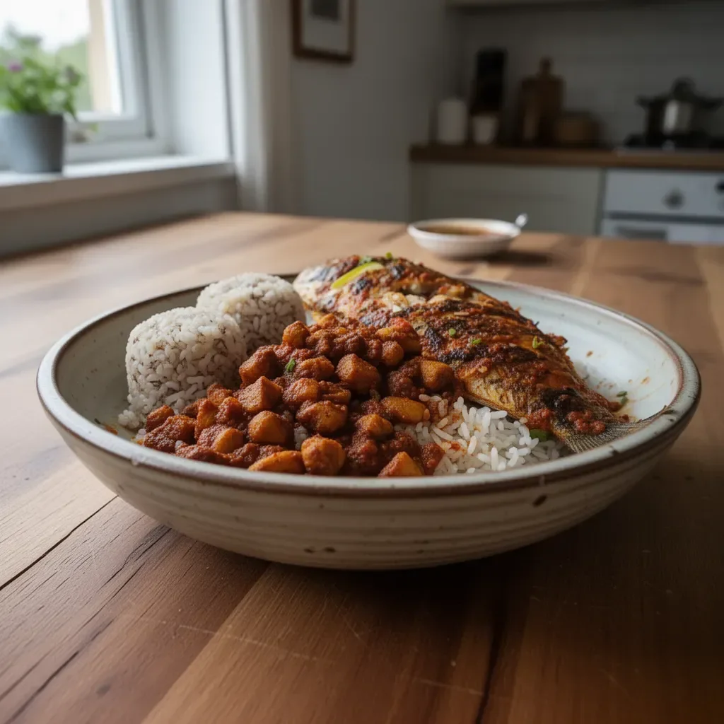Plate of Ofada Sauce served with fish and rice, showcasing delicious Nigerian cuisine.