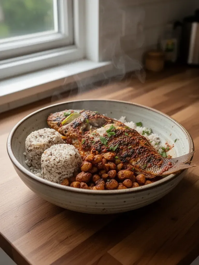 Ofada Sauce, Fish, and Rice