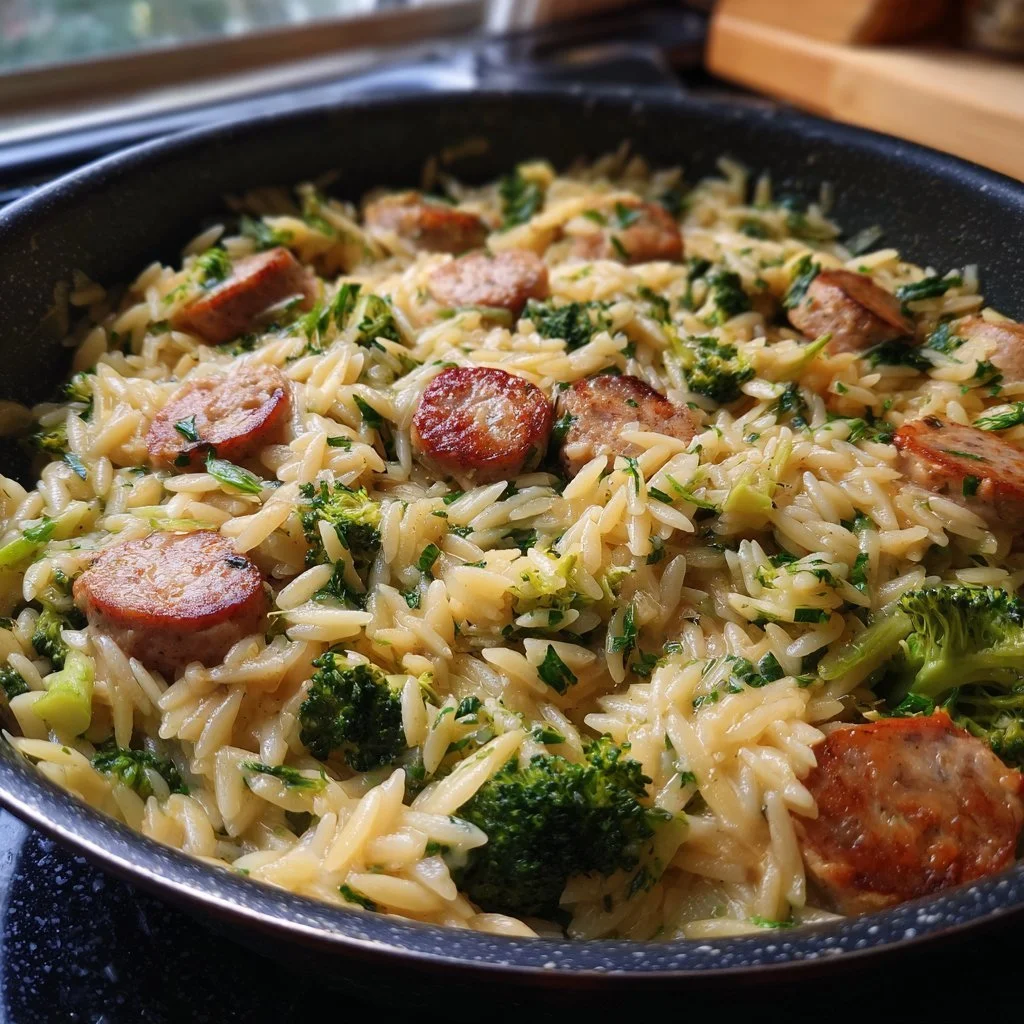 One-pan creamy orzo with chicken sausage and broccoli ready to serve