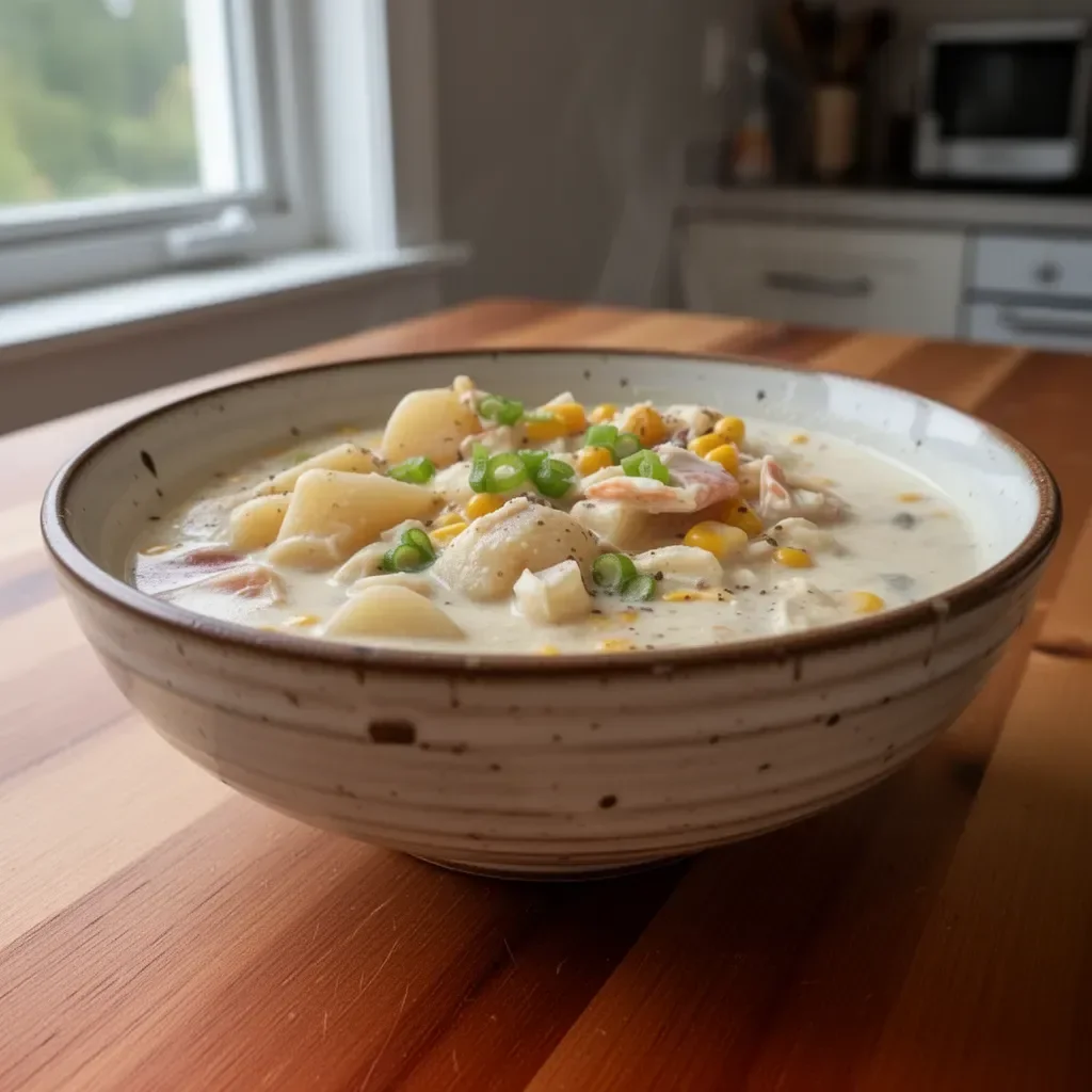 Bowl of One Pot Crab and Corn Chowder garnished with herbs