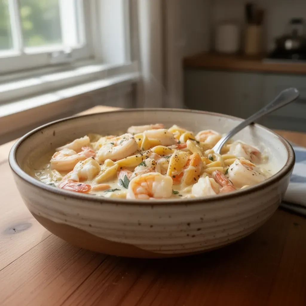 One-Pot Shrimp and Crab Alfredo served in a bowl with herbs.