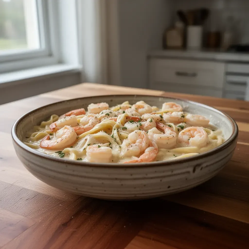 Delicious one pot shrimp and crab alfredo garnished with herbs