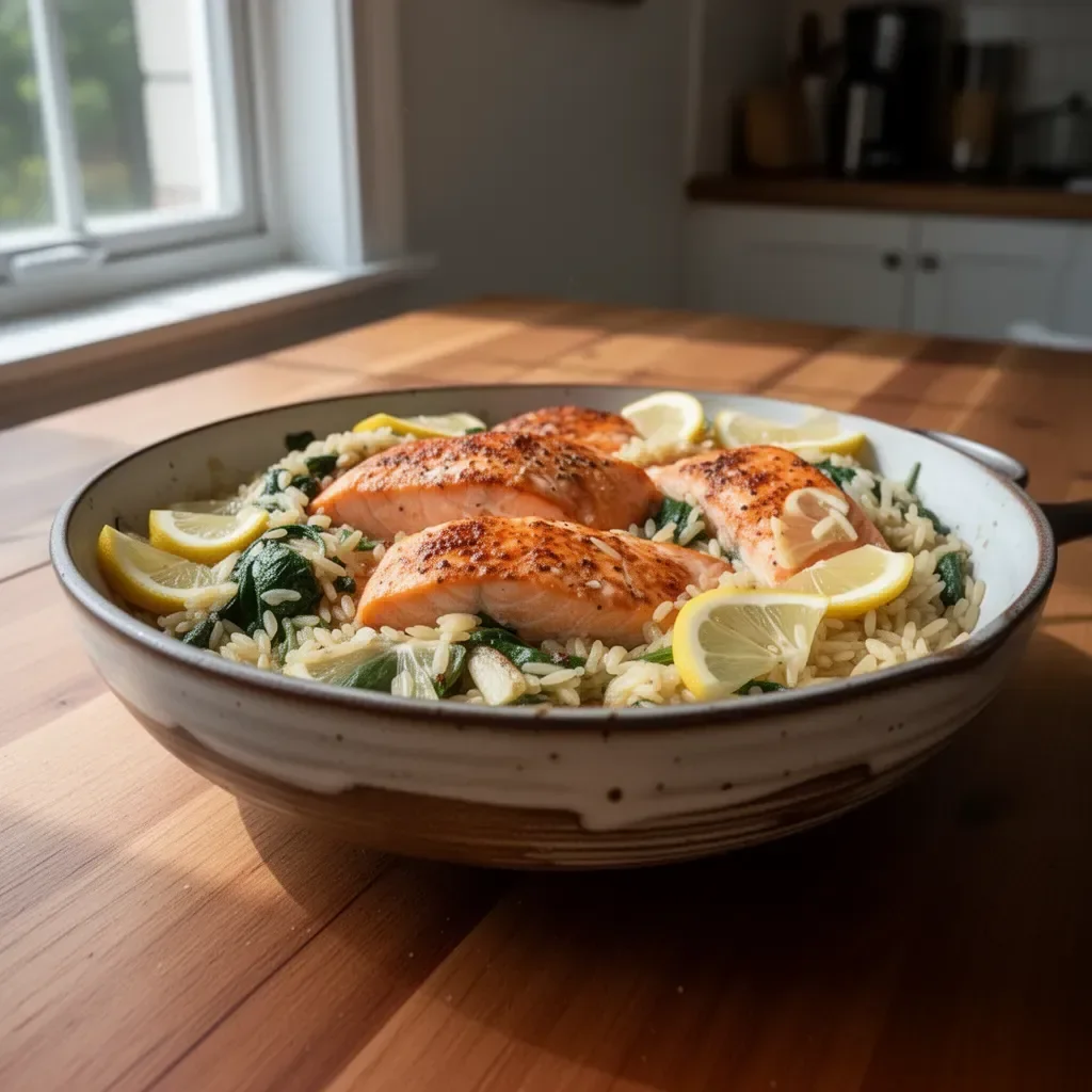 One Skillet Salmon served with zesty lemon orzo in a skillet