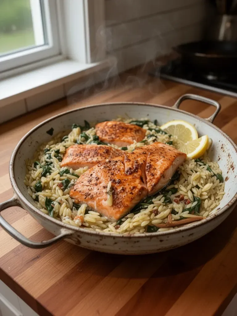 One Skillet Salmon with Lemon Orzo