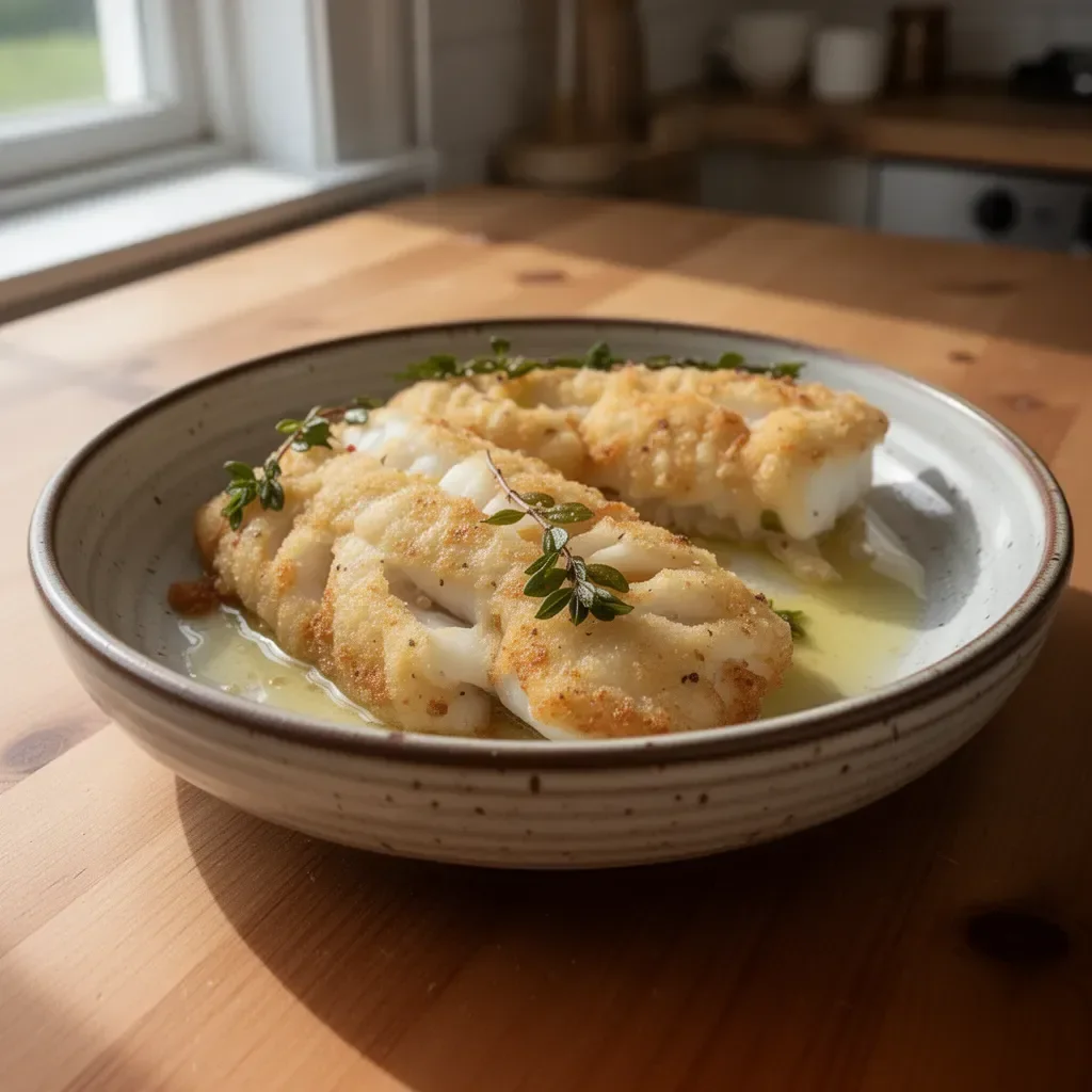 Crispy pan fried cod fillet served with lemon and herbs