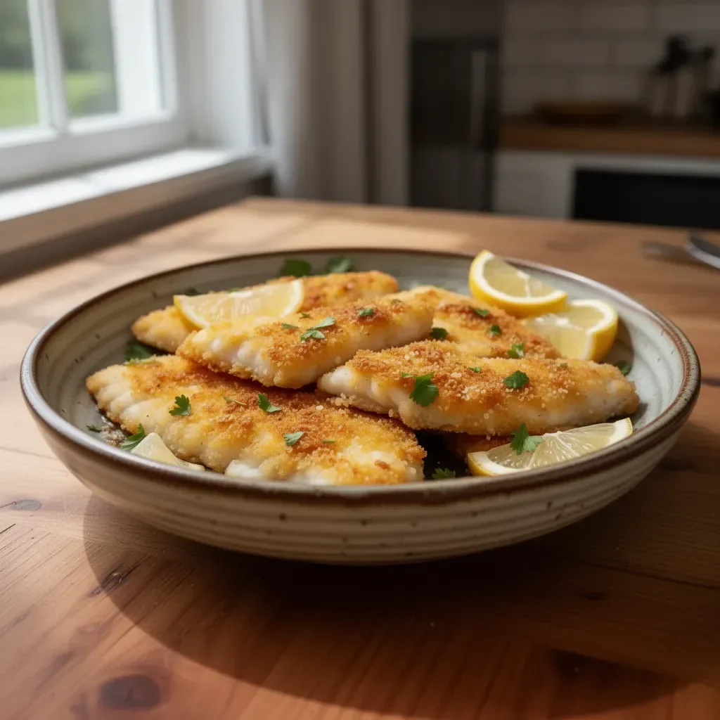 Crispy pan fried fish served on a plate with lemon and herbs.