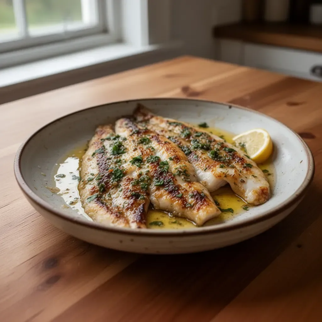 Pan-seared flounder with brown butter and lemon garnished with herbs.