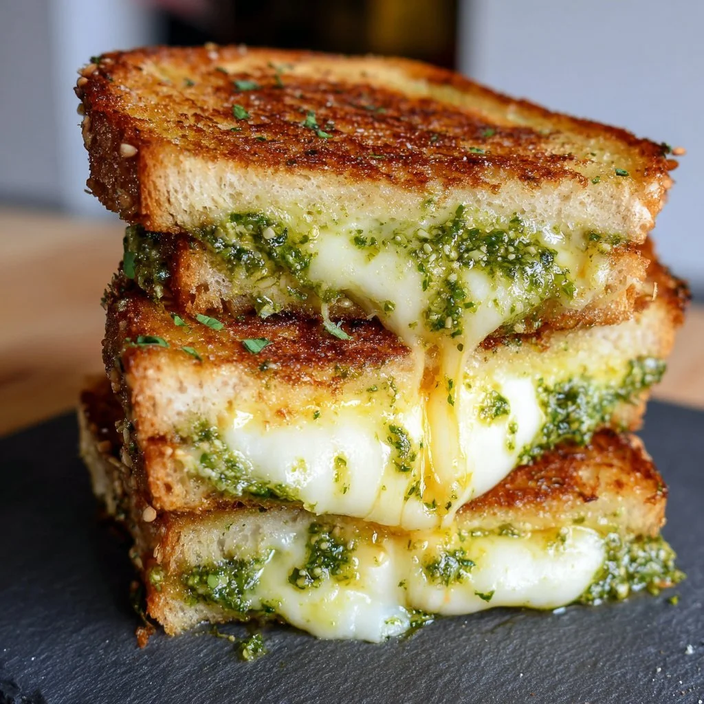 A delicious pesto grilled cheese sandwich with melted cheese and vibrant green pesto.