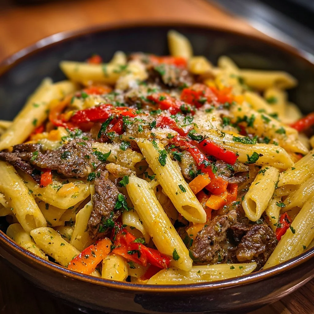 Philly Cheesesteak Pasta with cheese, beef, and peppers in a creamy sauce
