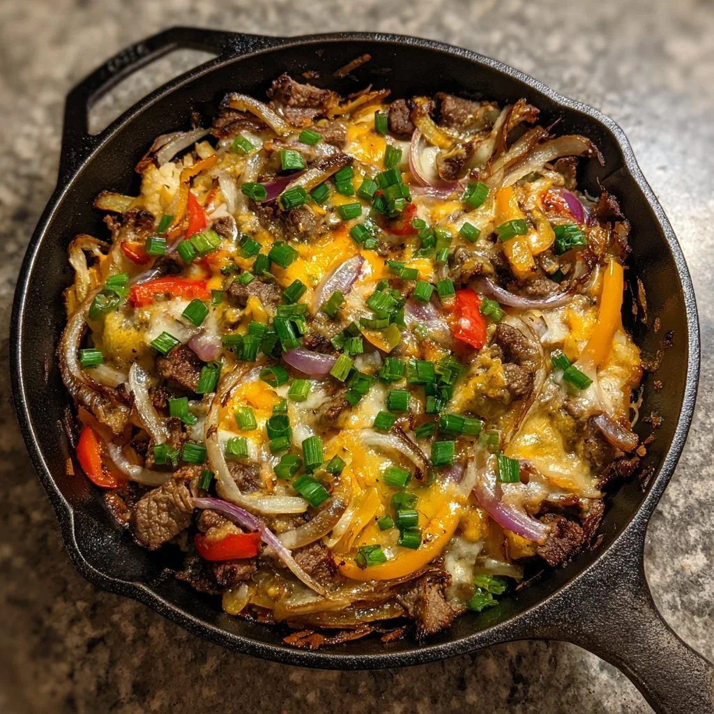 Delicious Philly Cheesesteak Skillet served with peppers and onions.