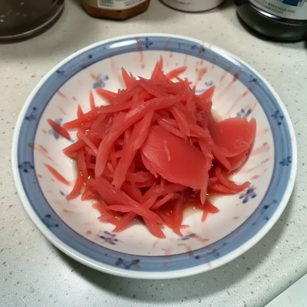 Homemade pickled sushi ginger (gari) in a glass jar with fresh ginger roots.