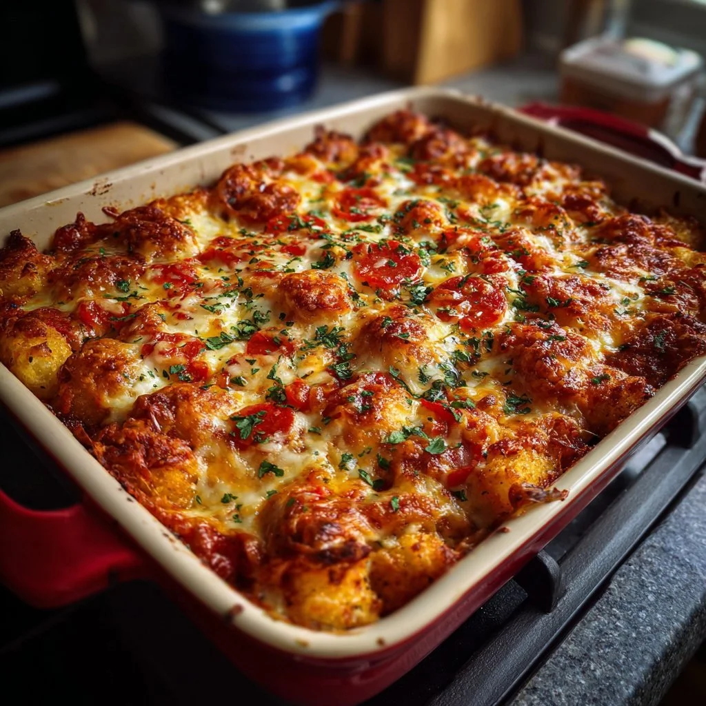 Delicious Pizza Tot Casserole served with toppings and cheese