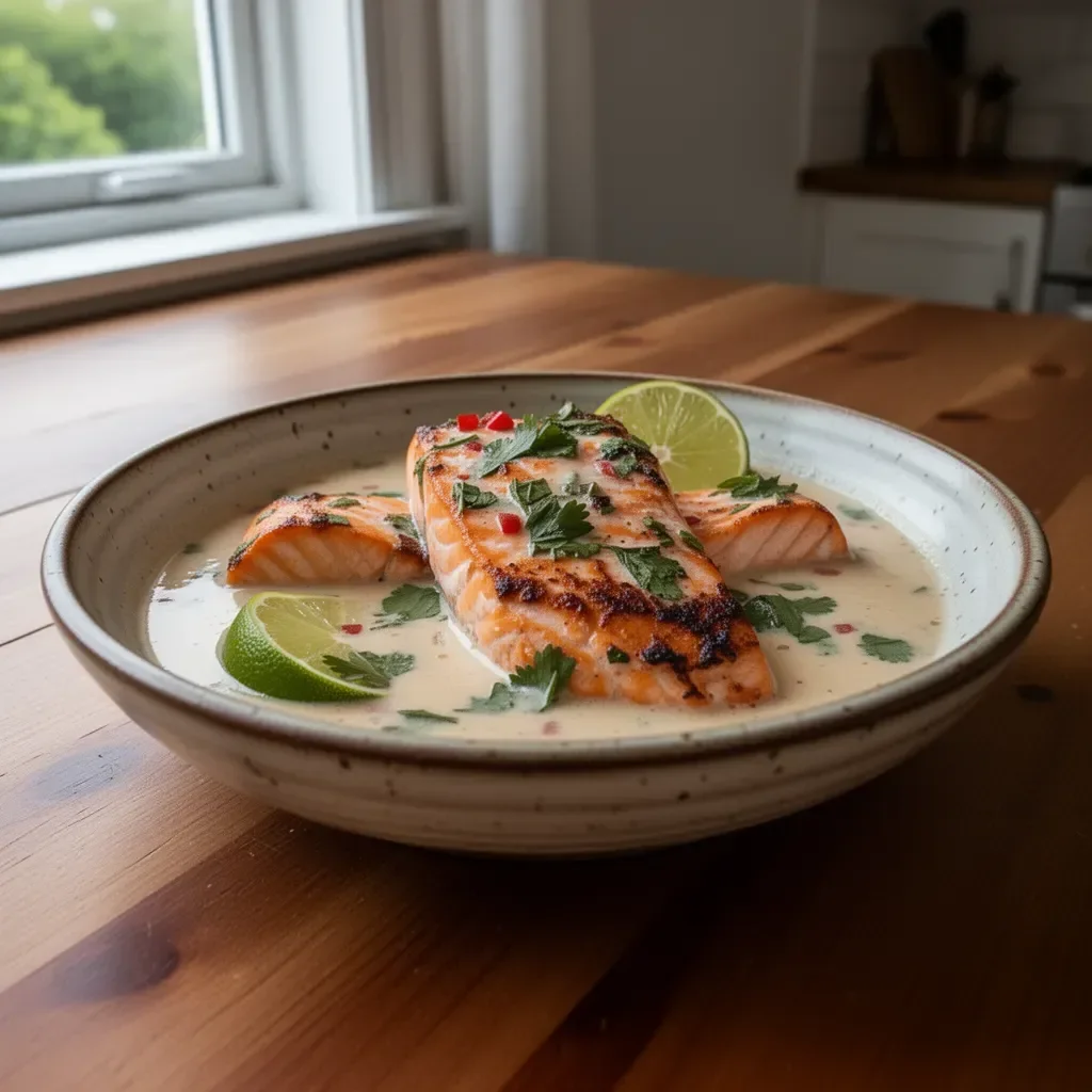 Poached salmon fillet served with a coconut lime sauce on a plate