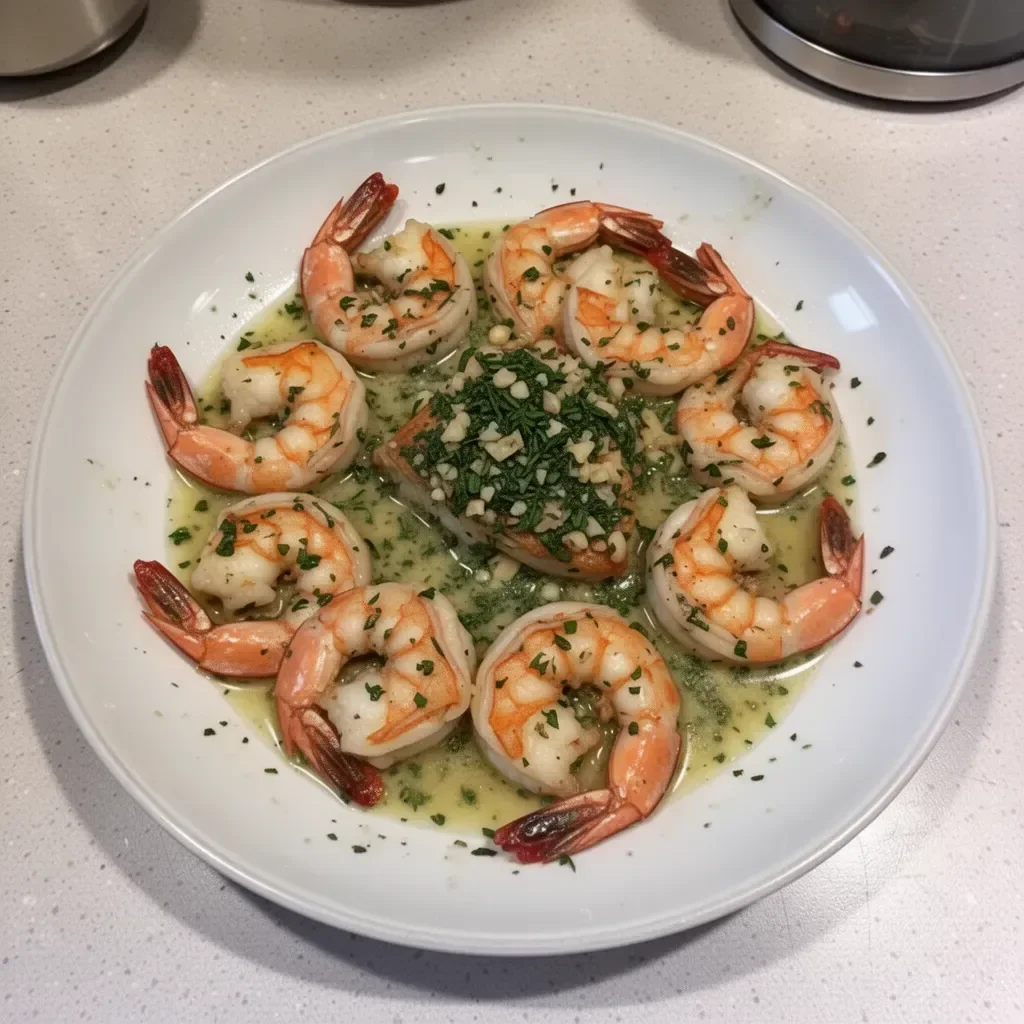 Prawns cooked in garlic herb butter on a plate garnished with fresh herbs.
