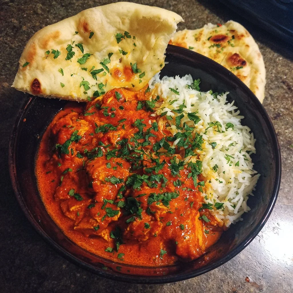 Delicious quick and easy homemade butter chicken served with naan and rice.