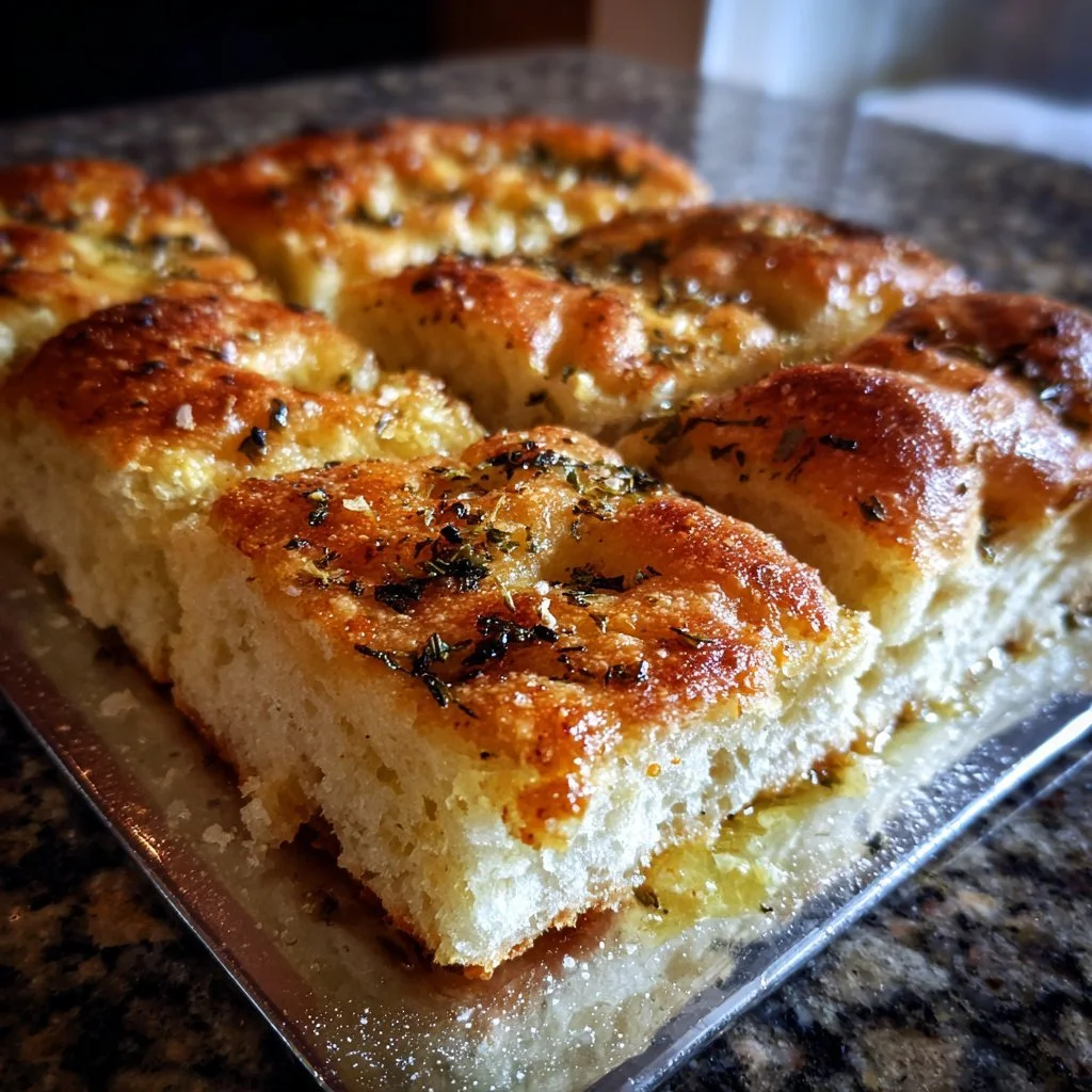 Freshly baked focaccia bread ready to be served.