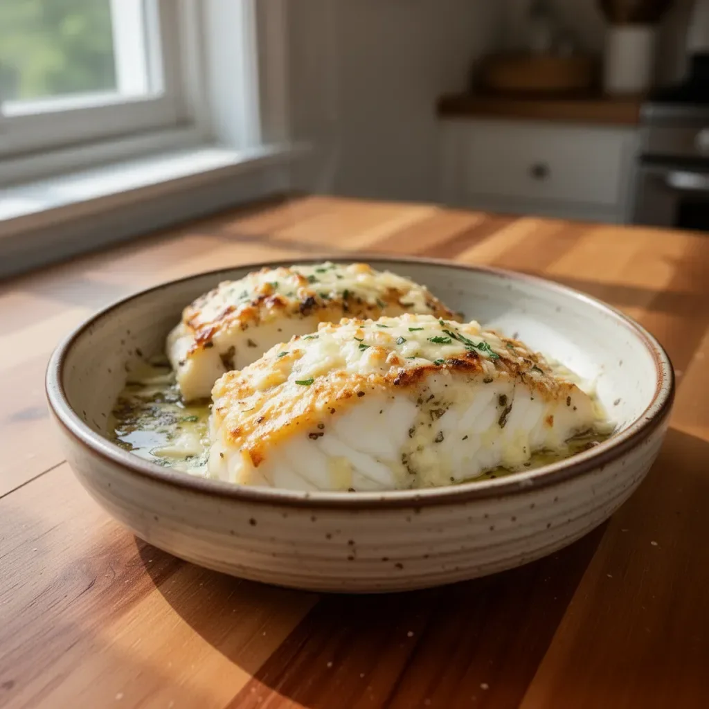 Savory garlic Parmesan baked halibut served with lemon garnishes