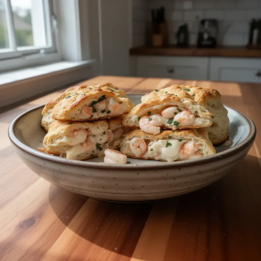 Savory shrimp and crab biscuit melts on a plate