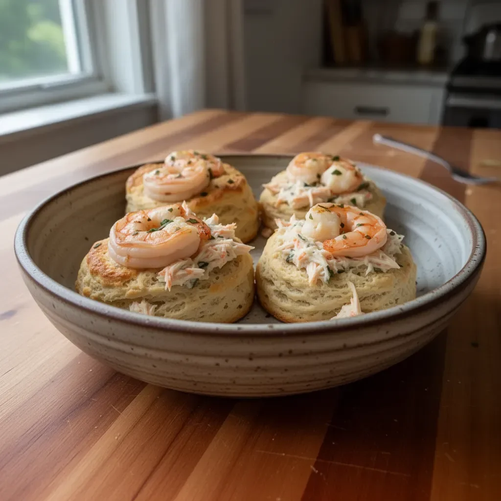 Savory shrimp and crab biscuit melts served on a wooden platter