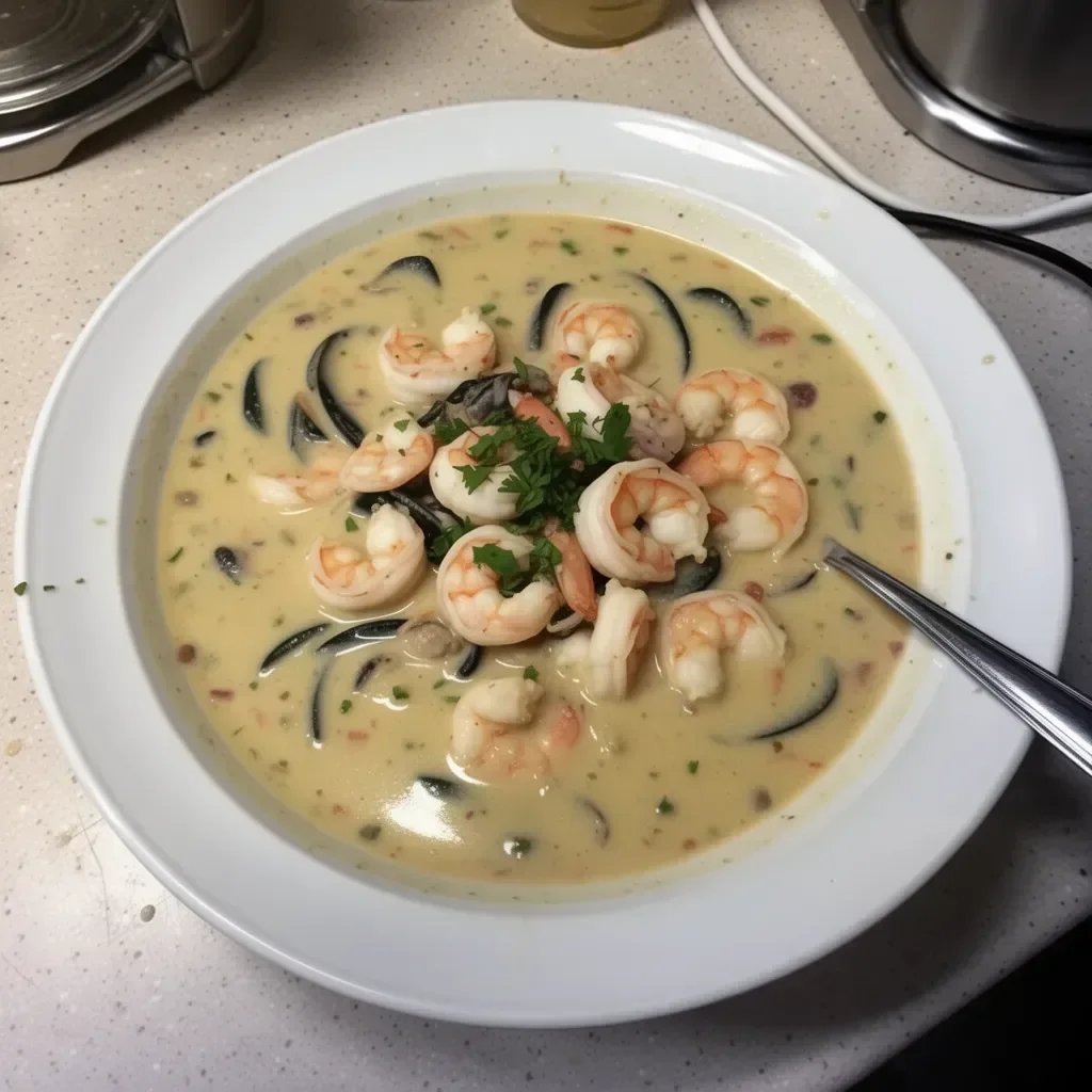 Delicious bowl of creamy Seafood Bisque garnished with herbs