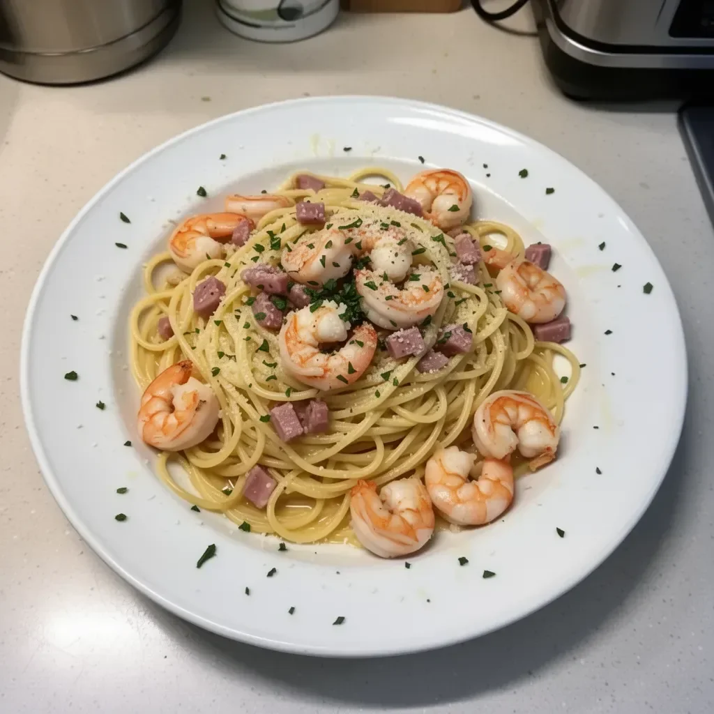 Delicious Seafood Carbonara with shrimp, scallops, and a creamy sauce