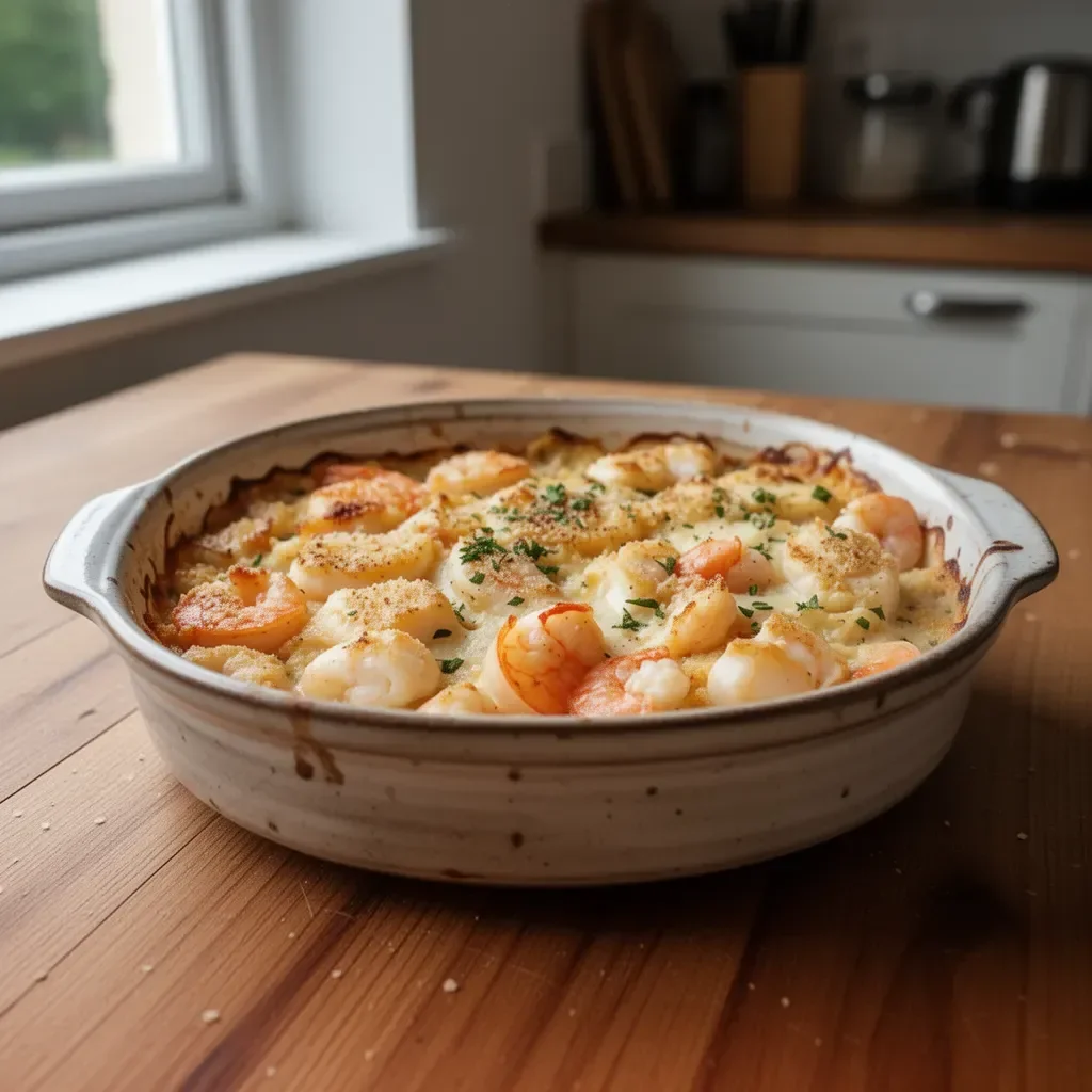 Delicious seafood casserole dish topped with breadcrumbs and herbs